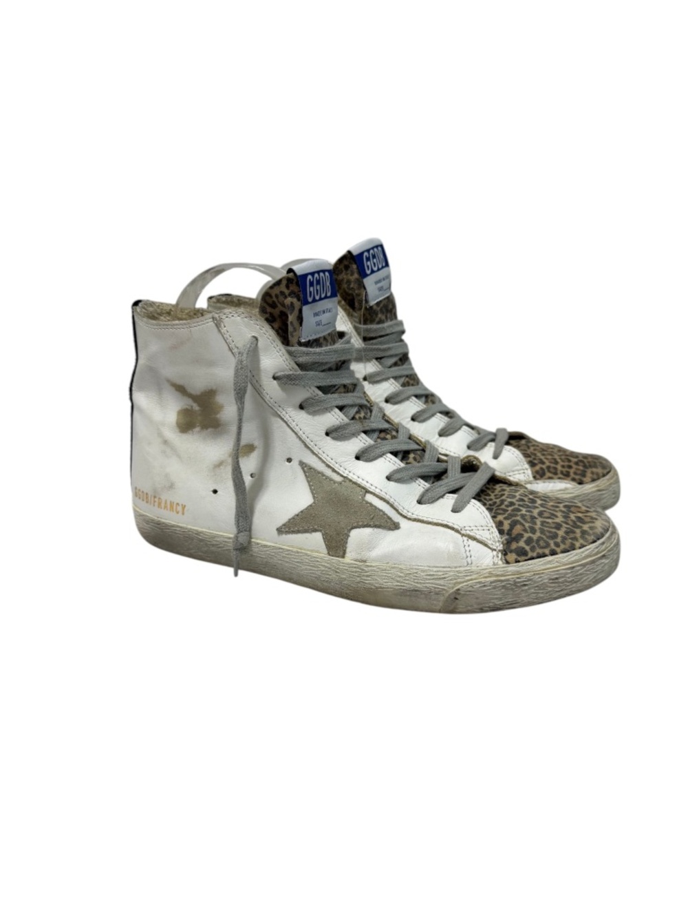 Golden Goose Francy Hi Top Sneakers in White/Leopard Size 39